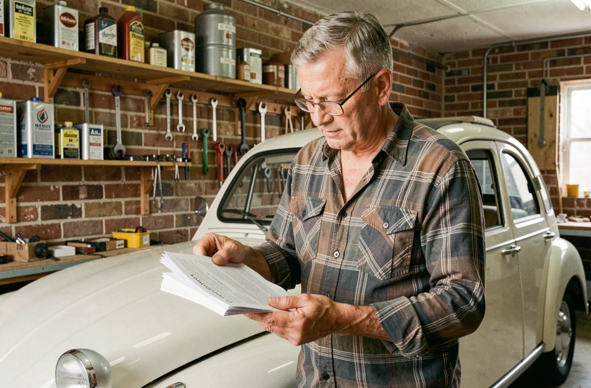 Propriétaire d'une Renault 4CV de collection consultant des documents d'assurance dans un garage vintage