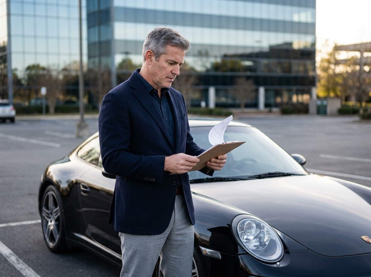 Homme d'affaires consultant des documents d'assurance auto à côté d'une Porsche 911 noire dans un parking