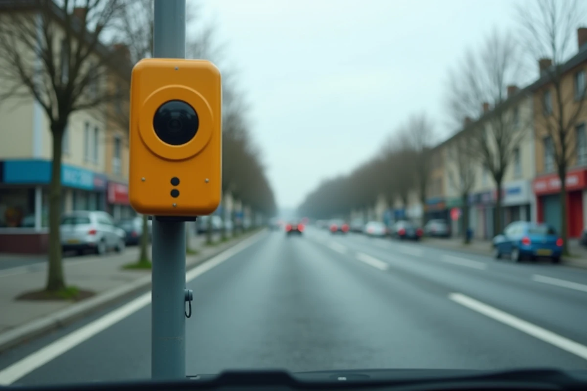 Radar automatique fixe sur un poteau au bord d'une route urbaine française vu depuis l'intérieur d'un véhicule