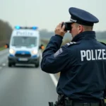 Policier français utilisant un radar jumelle au bord d'une route de campagne pour contrôler la vitesse des véhicules