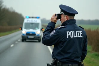 Policier français utilisant un radar jumelle au bord d'une route de campagne pour contrôler la vitesse des véhicules