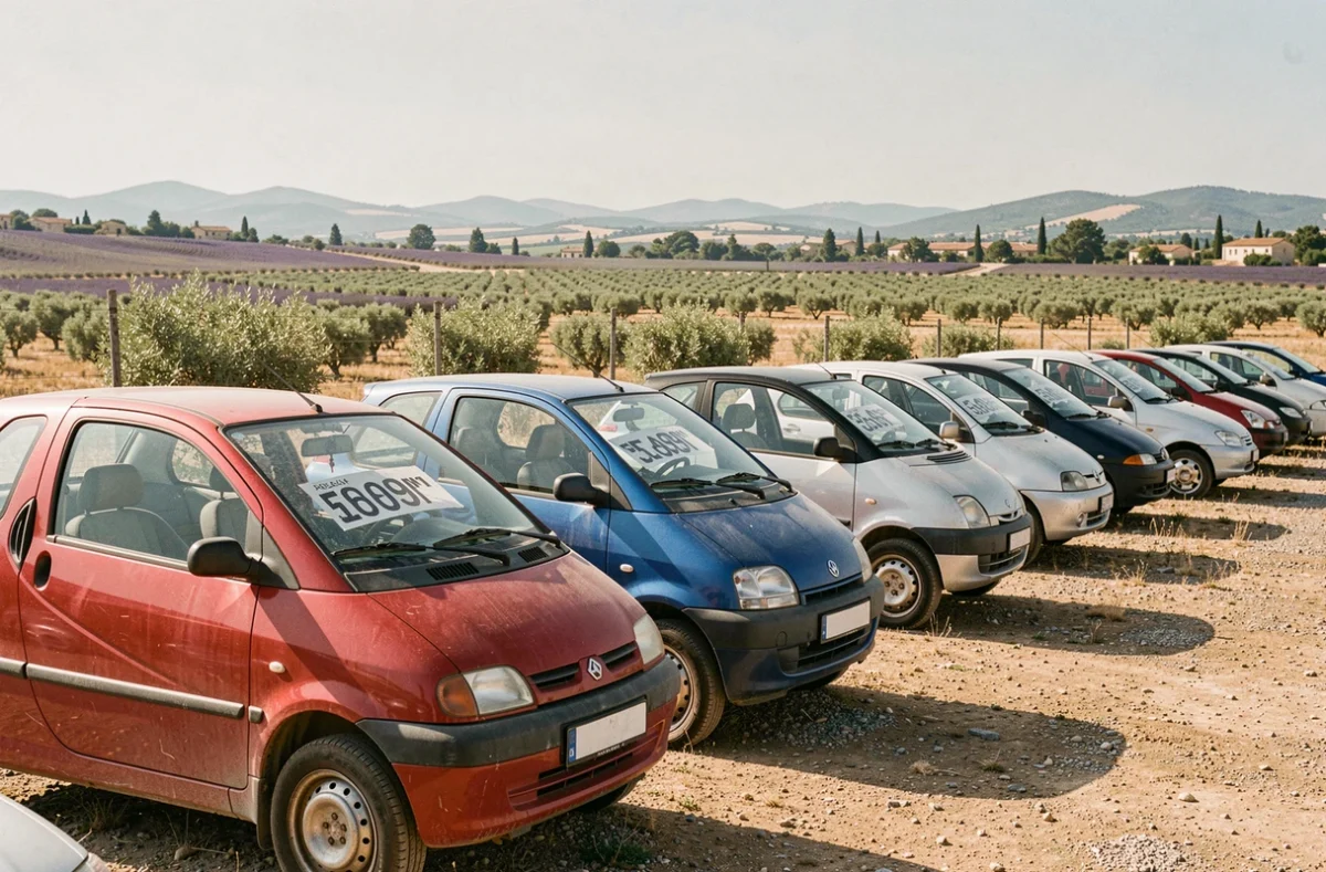 Rangée de voitures sans permis d'occasion exposées dans un parking de concessionnaire en périphérie d'Avignon