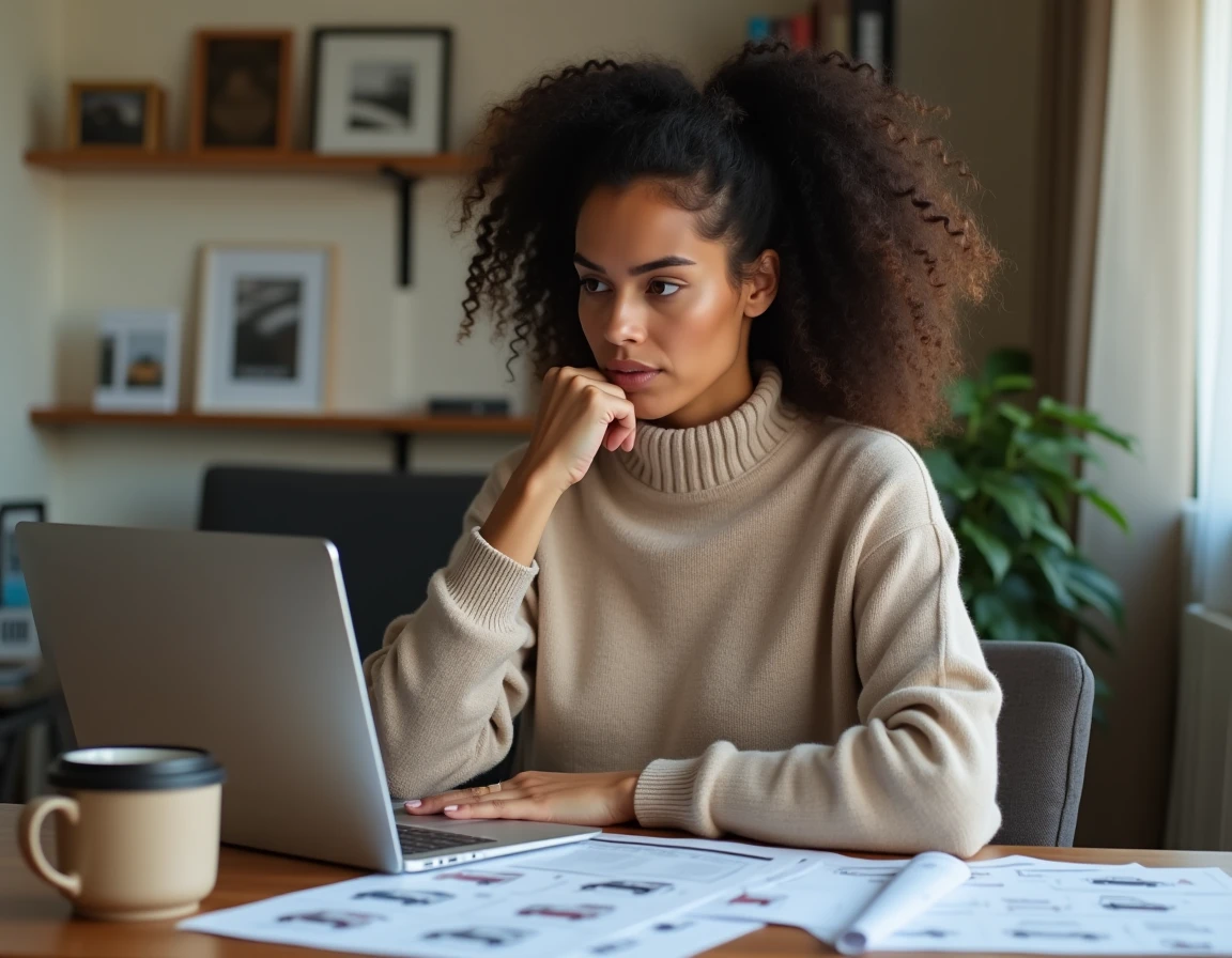 Femme consultant une annonce de voiture d'occasion en ligne depuis chez elle, illustrant la recherche sur des plateformes comme Autofantom.fr