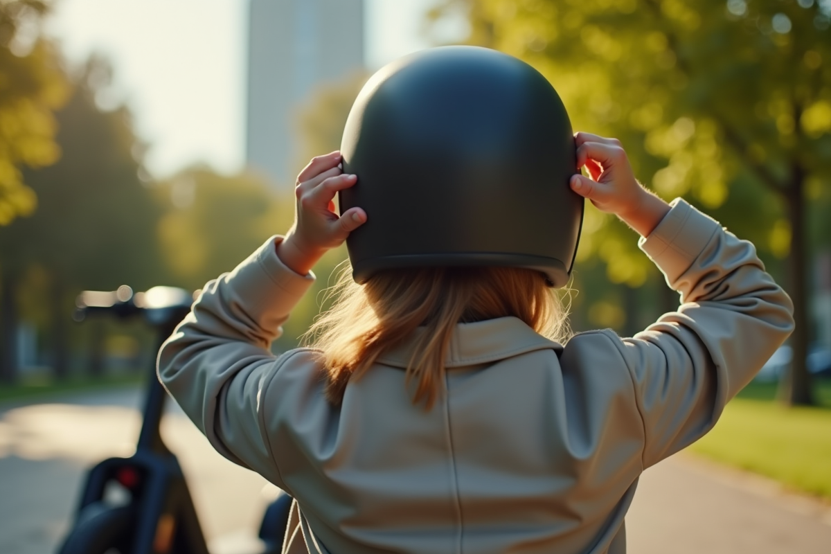 Mains ajustant un casque de qualité avec scooter en arrière-plan