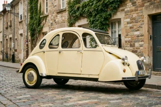 Renault 4CV de collection restaurée garée sur des pavés dans un village français, carrosserie jaune pâle chromée