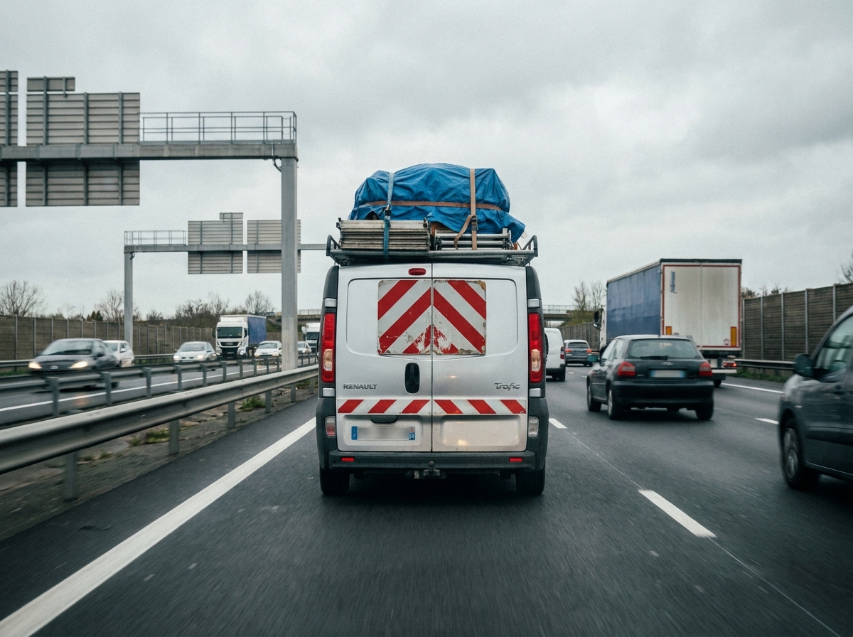 Renault Trafic surchargé circulant sur l'autoroute avec panneau de signalisation rayé rouge et blanc et bâche sécurisée sur le chargement