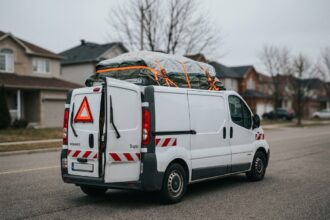 Renault Trafic chargé avec débord de charge sécurisé par des sangles orange et signalé par un triangle rouge visible à l'arrière du véhicule
