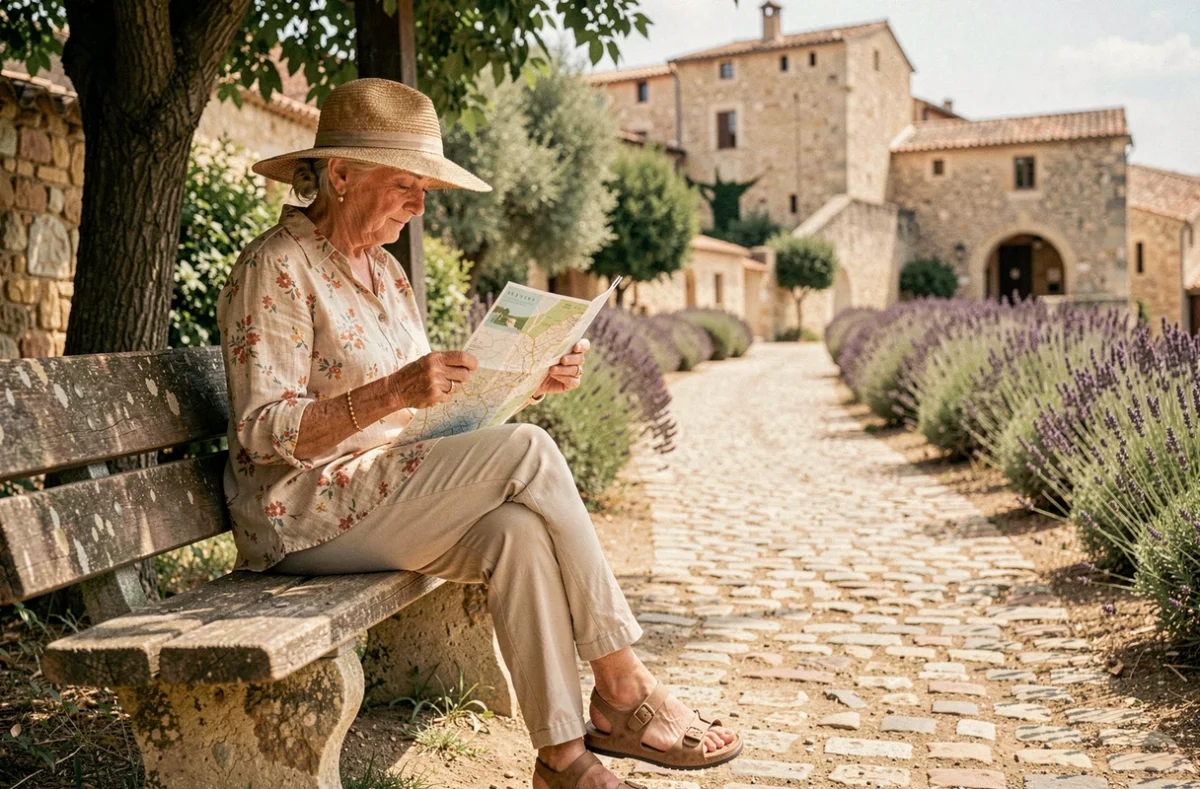 Femme âgée se reposant sur un banc en pierre sur le chemin piéton vers les Baux-de-Provence après la navette