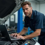 Technicien automobile connectant un ordinateur de diagnostic à une voiture lors d'une reprogrammation moteur dans un garage professionnel à Lille
