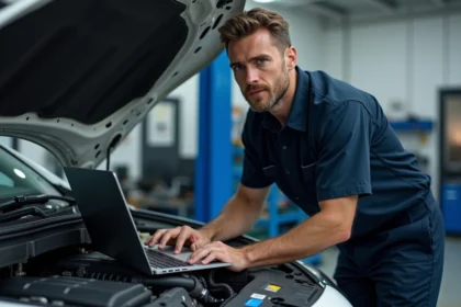 Technicien automobile connectant un ordinateur de diagnostic à une voiture lors d'une reprogrammation moteur dans un garage professionnel à Lille