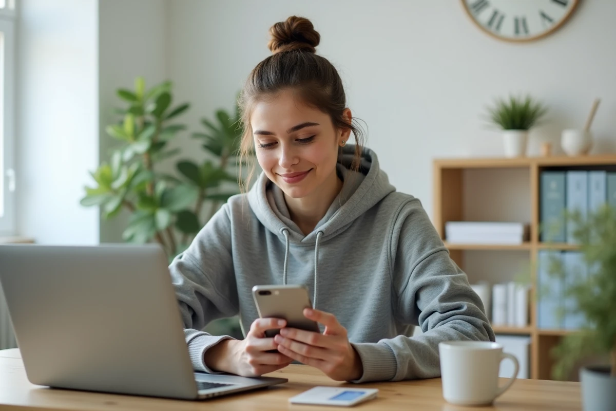 Femme réservant en ligne un contrôle technique scooter sur smartphone pour économiser