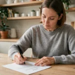 Femme signant un document de résiliation d'assurance auto à domicile