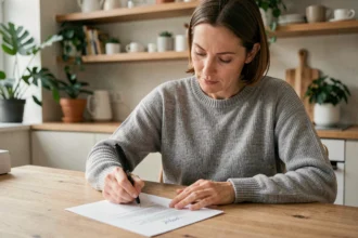 Femme signant un document de résiliation d'assurance auto à domicile