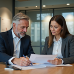 Deux professionnels en réunion d'assurance dans un bureau moderne