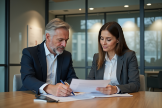 Deux professionnels en réunion d'assurance dans un bureau moderne