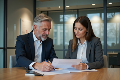 Deux professionnels en réunion d'assurance dans un bureau moderne