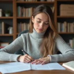 Jeune femme révisant ses documents de vérification de permis de conduire PDF à son bureau à domicile avec des notes manuscrites