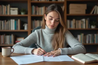 Jeune femme révisant ses documents de vérification de permis de conduire PDF à son bureau à domicile avec des notes manuscrites