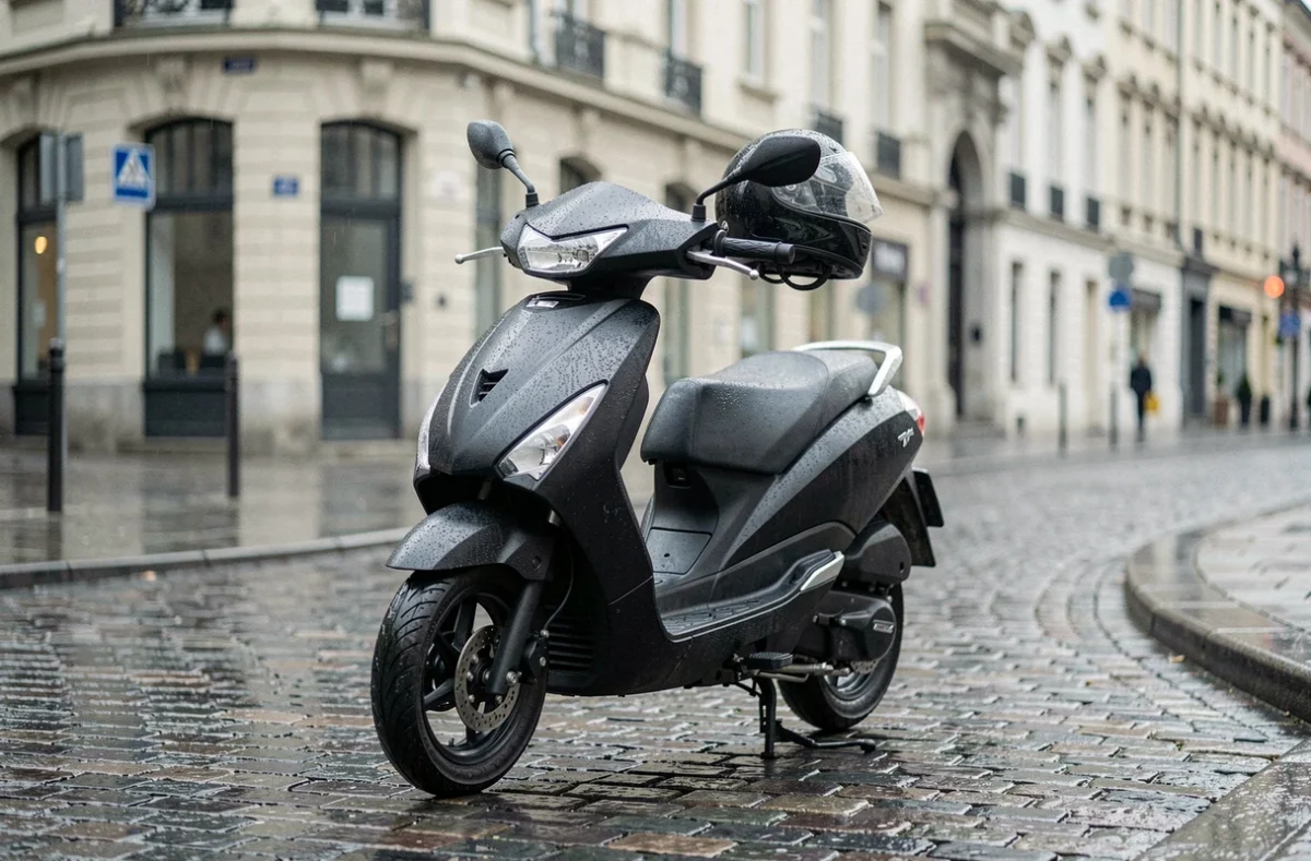 Scooter 125cc noir garé sur des pavés mouillés dans une rue urbaine européenne