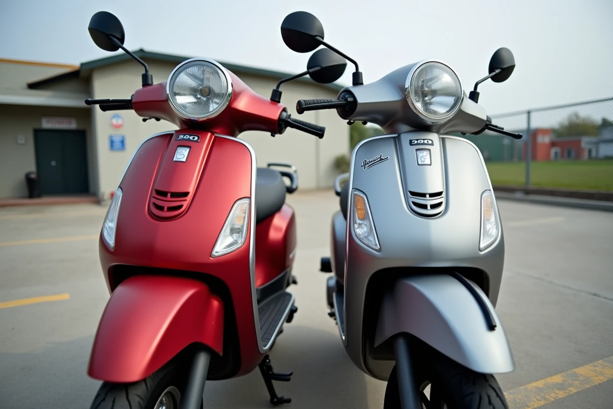 Deux scooters 50cc garés devant une auto-école, modèles autorisés à conduire sans permis en France