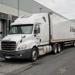 Semi-remorque de transport régional stationné dans un hub logistique avec quais de chargement en arrière-plan