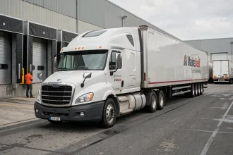 Semi-remorque de transport régional stationné dans un hub logistique avec quais de chargement en arrière-plan