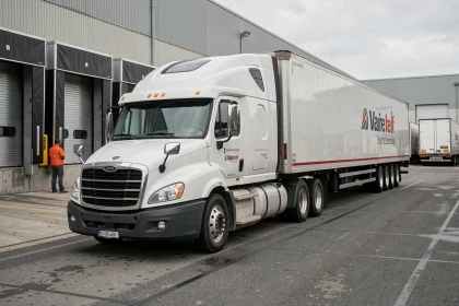 Semi-remorque de transport régional stationné dans un hub logistique avec quais de chargement en arrière-plan