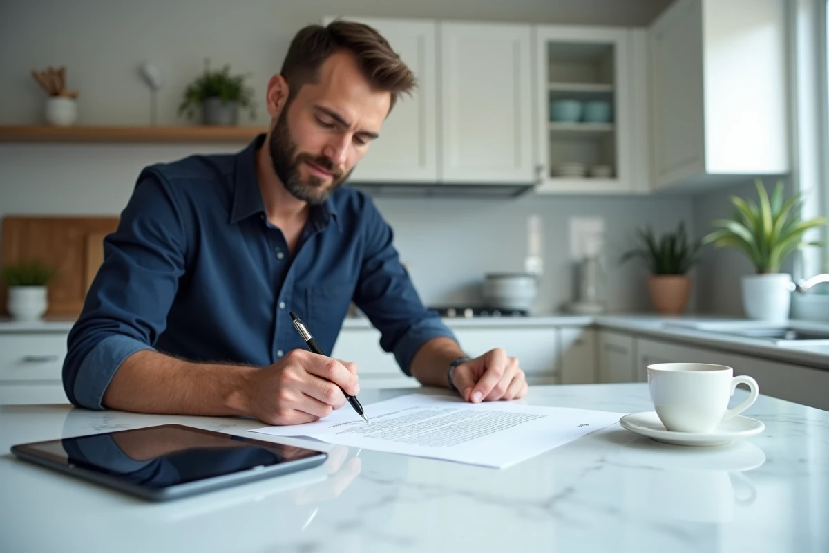 Homme signant un formulaire de cession de vente papier avec une tablette affichant un contrat PDF posée à côté sur une table moderne