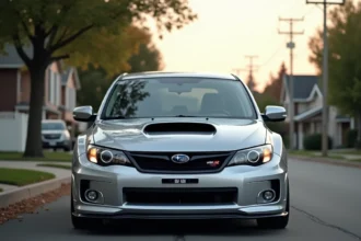 Subaru Impreza WRX argentée garée dans une rue résidentielle, vue en angle trois quarts avant avec capot prise d'air visible
