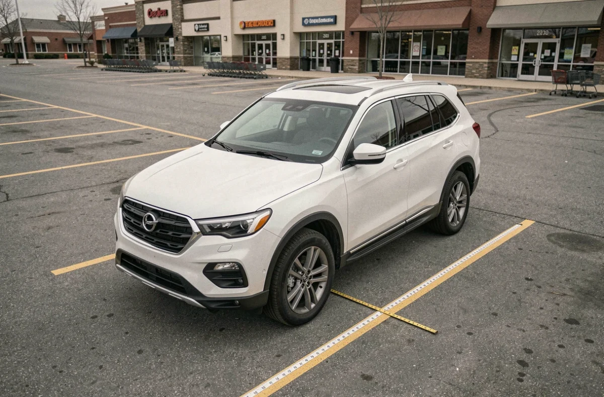 Grand SUV blanc garé dans une place de parking de centre commercial avec un mètre ruban au sol pour illustrer ses dimensions et la largeur nécessaire au stationnement