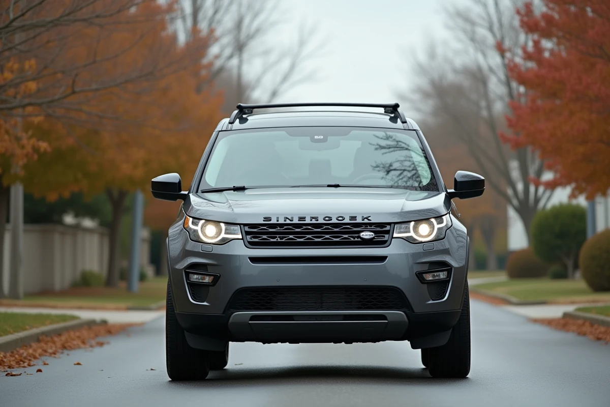 SUV familial garé dans un quartier résidentiel, vue extérieure grand angle mettant en valeur robustesse et taille du véhicule