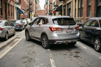 SUV argenté en train de se garer en parallèle dans une rue urbaine entre deux voitures, illustrant les défis de stationnement liés aux dimensions d'un SUV