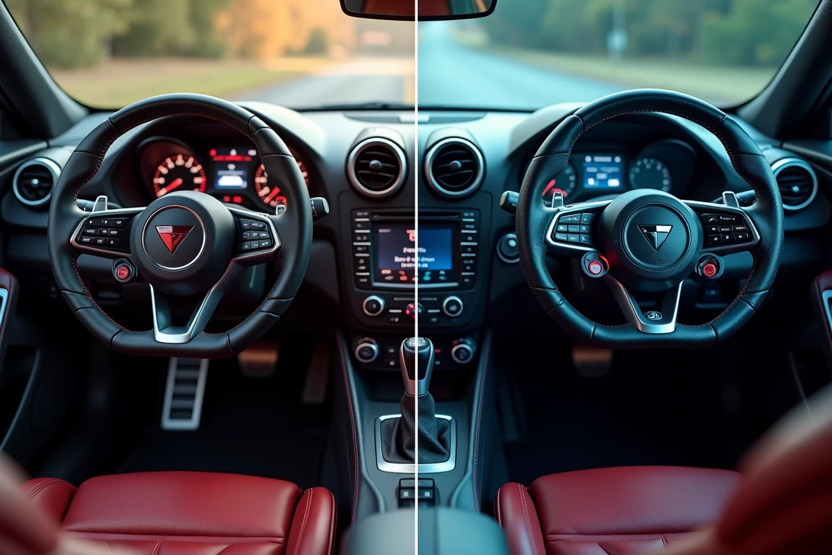 Comparaison détaillée des tableaux de bord de deux voitures sportives, contraste entre instrumentation analogique classique et cockpit numérique moderne