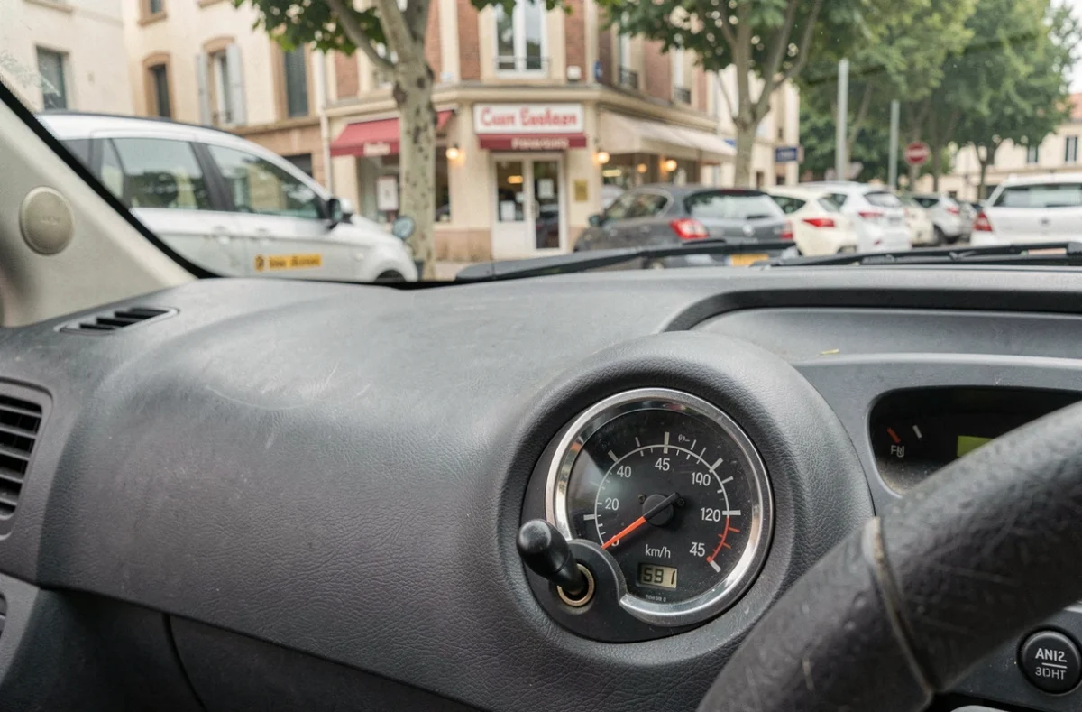 Tableau de bord d'une voiture sans permis avec compteur limité à 45 km/h et clé de contact, rue française en arrière-plan