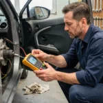 Technicien automobile testant le fil positif après contact derrière la colonne de direction avec un multimètre dans un garage professionnel