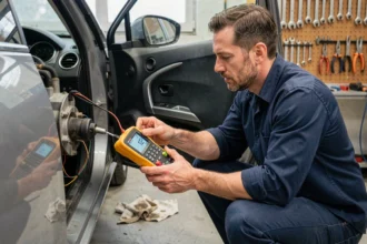 Technicien automobile testant le fil positif après contact derrière la colonne de direction avec un multimètre dans un garage professionnel
