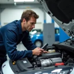 Technicien automobile inspectant la boîte automatique EAT8 d'une Peugeot 308 dans un garage professionnel moderne