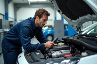 Technicien automobile inspectant la boîte automatique EAT8 d'une Peugeot 308 dans un garage professionnel moderne