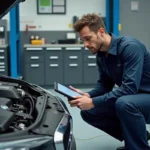 Technicien automobile inspectant un moteur BMW B47 diesel dans un garage professionnel