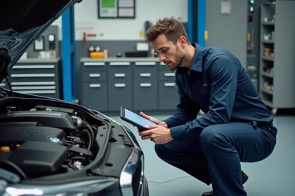 Technicien automobile inspectant un moteur BMW B47 diesel dans un garage professionnel