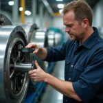 Technicien homme en overalls mesure un moteur industriel