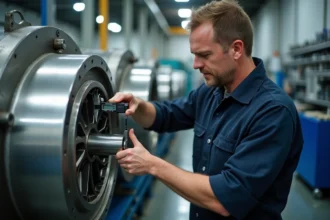 Technicien homme en overalls mesure un moteur industriel