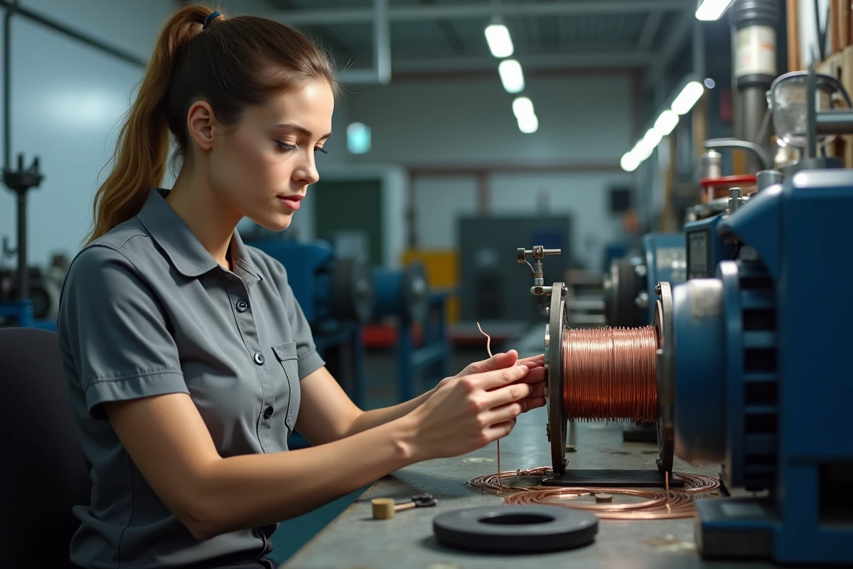 Technicienne femme en atelier en train de remonter un moteur