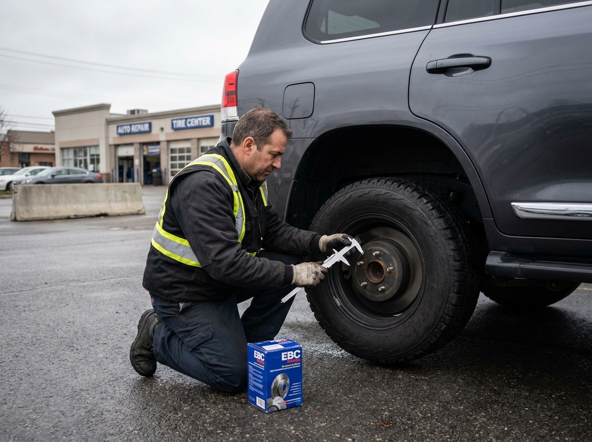 Technicien mesurant le disque de frein d'un grand SUV avec des plaquettes EBC posées au sol