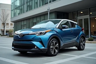 Toyota C-HR 2026 en bleu métallique garé en milieu urbain, vue trois quarts avant mettant en valeur le design extérieur
