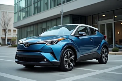 Toyota C-HR 2026 en bleu métallique garé en milieu urbain, vue trois quarts avant mettant en valeur le design extérieur