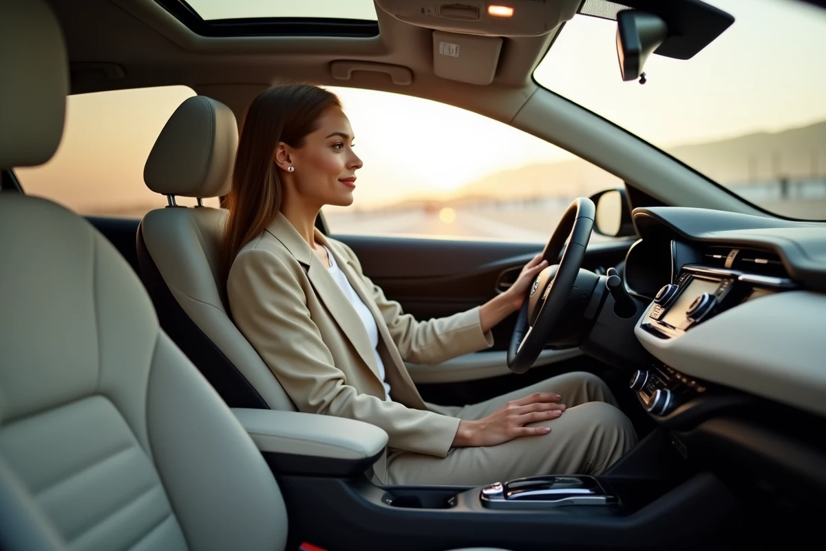 Intérieur du Toyota C-HR 2026 avec une femme au volant découvrant les options et équipements de la planche de bord