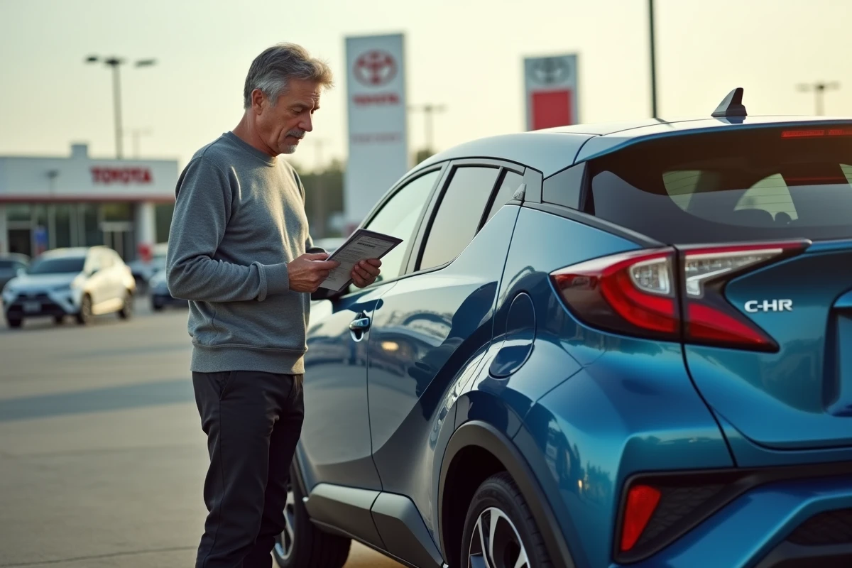 Homme examinant les options du Toyota C-HR 2026 dans un parking de concession, vue large sur le véhicule et l'acheteur