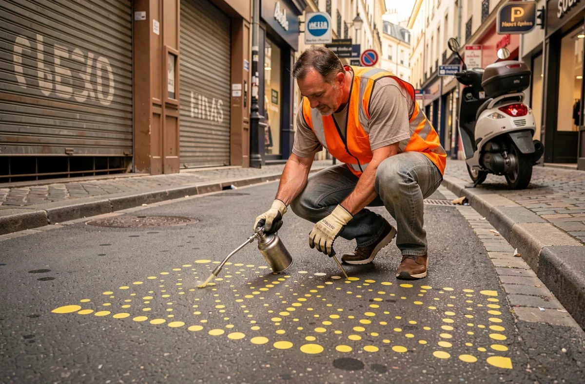 Agent municipal traçant des marquages au sol en pointillés jaunes pour créer une place de livraison dans une rue commerçante