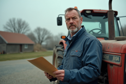 Paysans avec tracteur et document officiel en campagne